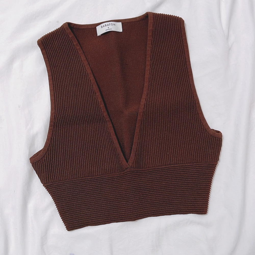 Aritzia Babaton Sculpt Knit Deep V Brown Tank